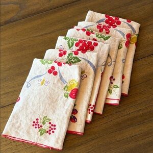 Set of 6 Vintage Red & Cream Linen Napkins Fruit Design Cherries Pears Bees